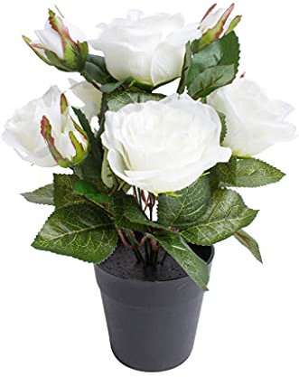 Nova-Nature künstlicher Rosenbusch mit 5 Rosen und 4 Knospen im schwarzen Kunststofftopf (weiß)