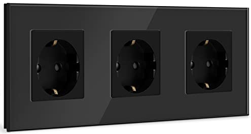 BSEED Schuko Steckdose 3 Fach Kristall Glas Platte Steckdose Glas Schuko Dreifach Steckdose 16Amp Steckdose Schwarz Verlängerungssteckdosen Wandsteckdose-228mm
