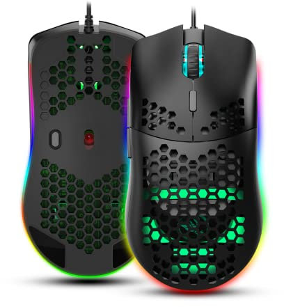 Jectse Wired Lightweight Gaming Mouse, 6-Button Programmable, 6400DPI, USB, Black & Multicolor, Rainbow RGB Lighting, Ambidextrous, PC Gaming Mouse