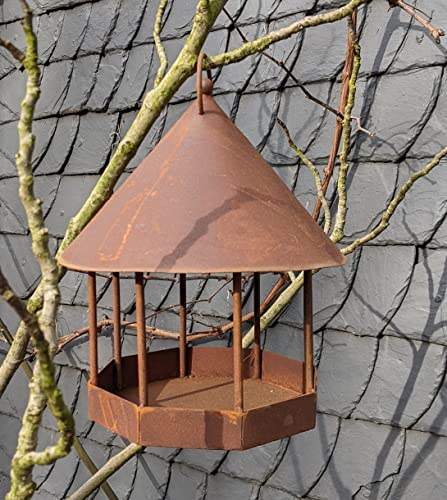 terracotta-toepfe-de Vogelhaus 30 cm hoch mit Haken zum Aufhängen aus Metall in Edelrost Garten Futterhaus Sommer Vögel Balkon Deko