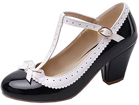 Etebella Damen T Strap High Heels Lack Pumps mit Blockabsatz und Schleife Rockabilly Vintage Schuhe (Schwarz,37)