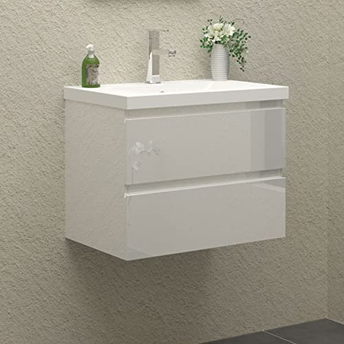 HAPAOSO Waschtisch mit Unterschrank 60 cm Breit Weiß Hochglanz Badmöbel Set Hängend 2 Soft-Close Schubladen MDF-Platte