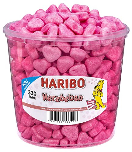 Haribo Herzbeben, Sweet Cherry Schaumzucker mit Kirschgeschmack 330 Stück, 1,2 kg Dose