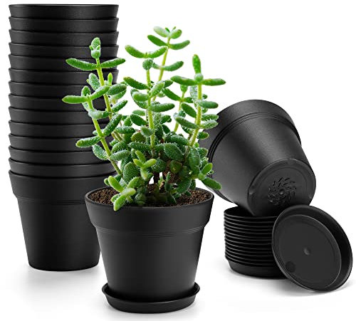 FHWTY Lot de 16 pots de fleurs en plastique épais de 10,2 cm avec trous de drainage et plateau, pour intérieur, semis, pépinière, fleurs grasses et toutes les plantes d'intérieur, noir