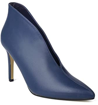 ComeShun Stivaletti da donna con tacco a gattino a forma di V Vamp classico a punta Slip On Stivaletti, Blu navy, 39 EU