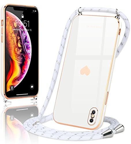 Wirvyuer Handyband Kompatibel mit iPhone X Hülle,iPhone XS Handyhülle Necklace Hülle mit Band zum Umhängen Kameraschutz Liebesherz Schutzhülle mit Halsband Silikon Umhängetasche für iPhone X/Xs Weiß