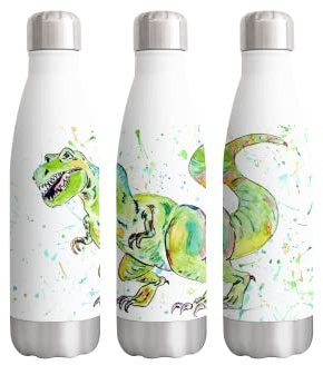 Dinosaur Tyrannosaurus T-Rex Watercolour rainbow art Bottle double Wall insulated Stainless steel sport Drinks 500ml WHITE Gift ideal for school work office Oudoor sports keeps Hot and Cold Drinks