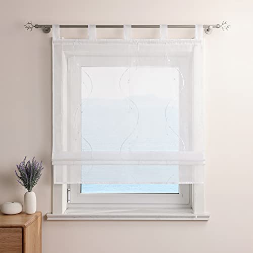 ESLIR Raffrollo mit Schlaufen Gardinen Küche Bestickt Raffgardinen Voile Transparent Schlaufenrollo Modern Vorhänge mit Wellen Stickerei Weiß BxH 140x140cm 1 Stück