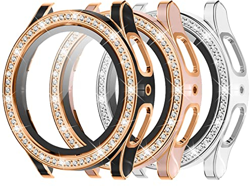 [3Stück] Kamita Diamanten Hülle für Samsung Galaxy Watch 5/Watch 4 44mm, PC Bumper Schutzhülle mit Hartglas Displayschutzfolie, Displayschutz Cover für Galaxy Watch5/Watch4 (Silber+Schwarz+Roségold)