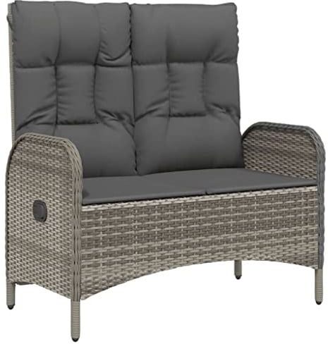 vidaXL Gartenbank, Sitzbank mit Liegefunktion Kissen, Parkbank Verstellbare Rückenlehne Stahlrahmen, Gartenmöbel Bank, 107cm Poly Rattan Grau