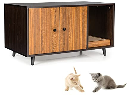 LIFEZEAL Table Basse et Niche pour Chat, Table Salon Bois avec Rangement et Planche à Gratter pour Chat, Petite Table Basse 90x50x50 CM, Noir, Noyer, Marron
