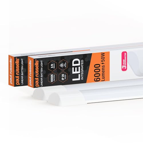 paul russells 5ft LED Batten, Ceiling Fitting Tube Light, 4000K Cool White, 50W, 6000 Lumens, Light for Office, Bathroom, Kitchen, Garage, Warehouse Fluorescent Lighting Replacement, 2 Packs
