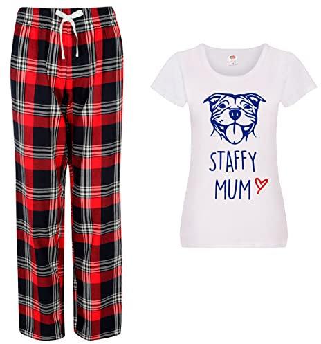 60 Second Makeover Limited Staffy Mum Ladies Tartan Trouser Women Pyjama Set Staffordshire Bull Terrier Pyjamas For Women Dog Mum Pjs Pjama Pajamas Set Red - XS