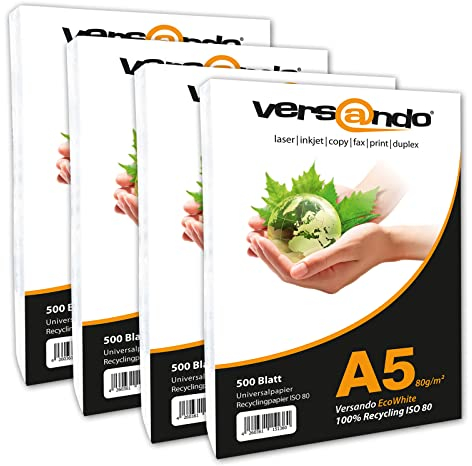 versando 20.000 Blatt Recyclingpapier DIN A5 EcoWhite 80g Kopierpapier Druckerpapier Öko Umweltpapier (148 x 210 mm) 4 Kartons