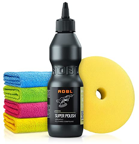 Autopolitur Set: ADBL Super Polish Feinschleifpolitur - Zur Beseitigung von mittleren Kratzern - Für alle Lacke - Exzenter oder Rotation - Auto polieren, Politur, Schleifpaste | 6-teilig