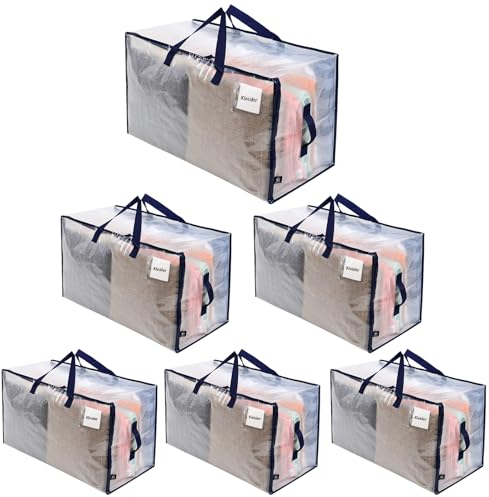 VENO 6 Pack Heavy-Duty Oversize Large Storage Bag Organizer with Zips and Tag Pocket for Moving, Clothes Storage, Laundry Bag, Packing, House Solutions, Sustainable, Water-Resistant (Clear, 6 Pack)