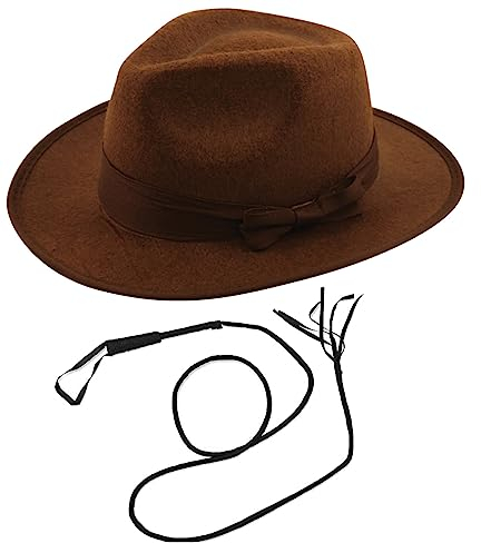 labreeze Indiana Jones Style Brauner Entdeckerhut und Stierpeitsche für Erwachsene, Kostümzubehör-Set
