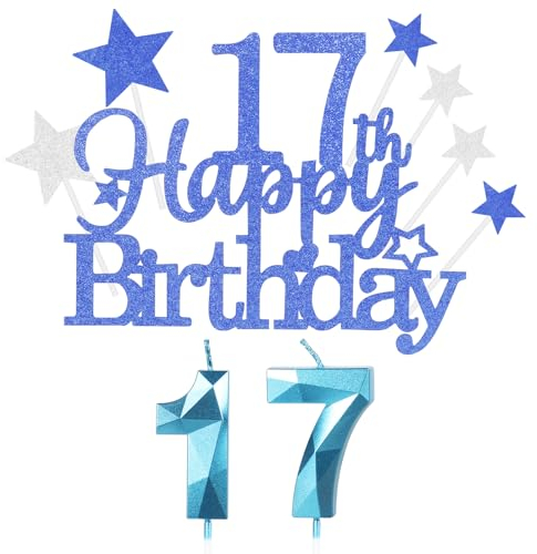 Kuchen Deko 17. Geburtstag für Mädchen und Jungen - Happy 17th Birthday Blau Cake Topper Mit 3D Kerzen Nummer 17 - Party Decoration für Teenager (9 Stück)