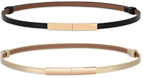 WHIPPY 2 Stück schmal Gürtel Damen Verstellbarer dünner Taillengürtel Schmaler Ledergürtel mit goldene Schnalle für Kleid,Schwarz+Gold,120cm