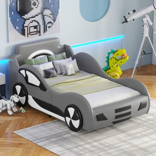SogesHome Kinderzimmerbett Kinderbett 90 x 200 Flachbett Modell Autobett mit Unterbettstauraum Bettmaterial aus PU + MDF