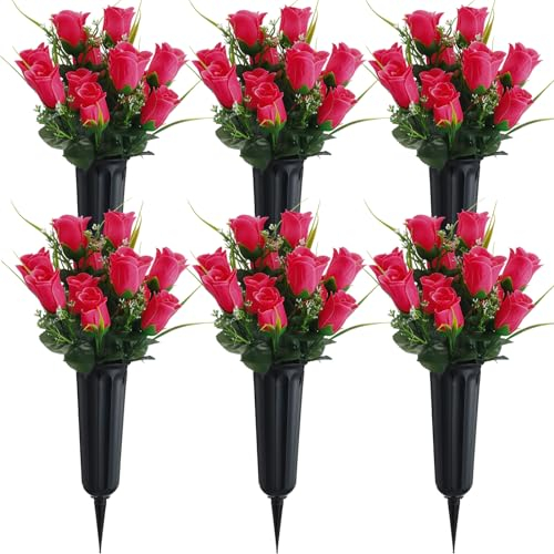 Tigeen Künstliche Friedhofsblumen für Grabschmuck, Gedenktag, Rosenstrauß, 84 Köpfe, Seide, Friedhofsblumen-Dekoration mit Grabvase für Grabschmuck, Beerdigung im Freien, Rosenrot, 6 Sets