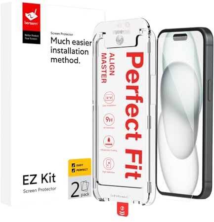 BERSEM 2 Pack Tempered Glass Screen Protector Compatible with iPhone 15 (6.1 Inch, 2023), Auto-Alignment Kit, Bubbles Free, Case Friendly, Anti-Scratch