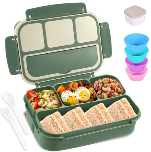 Bento Box Adult Lunch Box, Lunch Containers for Kids Girls Boys with 4 Compartments, Lunchable Food Container with Utensils, Sauce Jar, Muffin Liners, 40 Oz/5 Cup, Microwave & Dishwasher Safe, Green