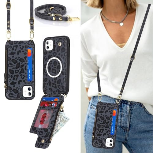 Zouzt for iPhone 12/12 Pro 6.1 Inch Wallet Case with Card Holder, PU Leather Flip Credit Slot Crossbody Lanyard Strap Adjustable Necklace Protective Phone Cover Women (Black Leopard)