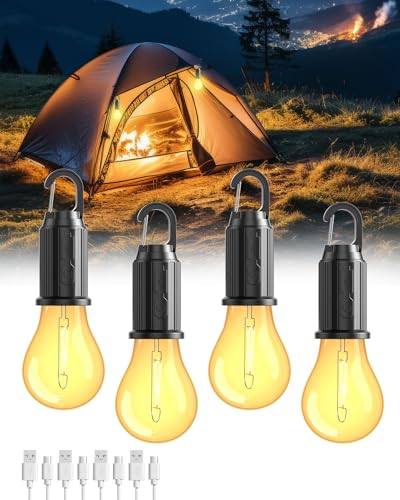 Campinglampe Aufladbar, LED Camping Lampe Camping Licht Zeltlampe Glühbirne, Camping laterne Helligkeit einstellbar 3 Lichtmodi Wasserdicht Campinglicht für Camping, Stromausfall, Notfall, 4 Stücke