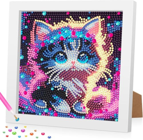 Daisen Art Diamond Painting Katze Mit Holzrahmen Katzen Diamond Painting Kinder-Set Full Diamond Painting Für Kinder ab 4 6 8 10 Diamant Bilder Arts Craft für Home Wand Decor 18X18cm