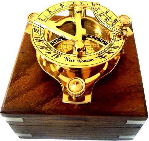 West London Compas avec cadran solaire en laiton fait main 7,6 cm avec boîte en bois, boussole de poche magnétique pour navigation, camping, randonnée, tourisme
