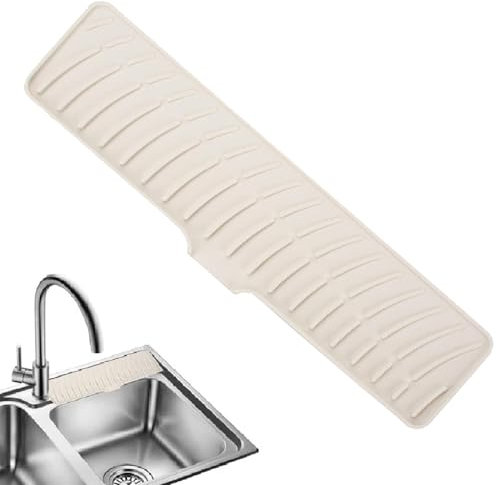 Silicone Faucet Mat, Kitchen Sink Splash Guard, Silicone Draining Mat Around Tap, Faucet Handle Drip Catcher Tray, Sink Protector Mat, Extended Sink Faucet pad Splash Guard for Countertop (Beige)