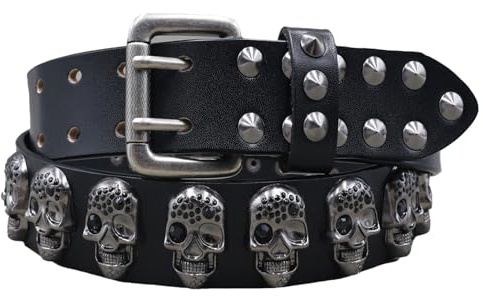 Surrycee Schwarz,125cm(42~44), Gürtel für Herren und Damen mit Totenkopf-Nieten, Punkrock, Gothic, Nietengürtel, echtes Leder, Gürtel für Jeans, Hosen, Hip-Hop-Stil, 3,8 cm breit