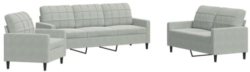 Willood 3 Sitzer + 2 Sitzer Sofa + Sessel Sofagarnitur mit Kissen Hellgrau Samt
