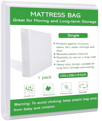 Dntorx Single Size Mattress Bag for Moving and Storage, Waterproof Plastic Mattress Protector 2.76 Mil Heavy Duty Mattress Cover for Moving– 255 X 100 X 35cm