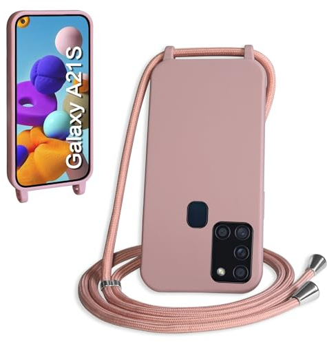 WenBaby Handykette für Samsung Galaxy A21S Hülle mit Band,Handyhülle mit Schnur zum Umhängen Silikon Seil Necklace Schutzhülle mit Kordel Tasche Case TPU Bumper für Galaxy A21S- Sandrosa