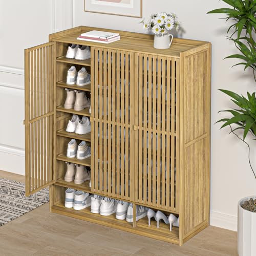 cukoekim Bamboo Shoe Storage Cabinet 8-Tiers, 3 Doors Shoes Rack Cabinet with Hollow Base, Large Shoe Cupboard Space Saving, Shoes Rack Organiser for Hallway Closet Bedroom