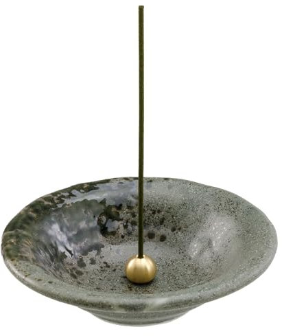 Asayu Japanese Small Incense Holder for Sticks 4.88 inch (124mm), Traditional Made in Japan Ceramic Ash Catcher and Brass Incense Burner Set - Grey