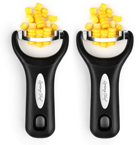 Spring Chef Stainless Steel Corn Peeler, Corn on the Cob Stripper Tool, 2Pk | Durable Corn Kernel Remover Tool with Ergonomic Handle – Easy to Use Kernel Cutter - Dishwasher Safe Corn Cutter, Black