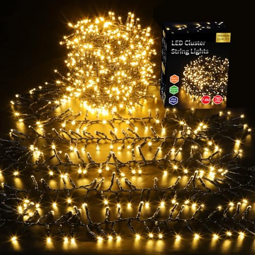 ELKTRY 1000 LED Cluster Lichterkette warmweiß, Büschellichterkette außen mit stecker Innen Strom 8 Modi, 10m wasserdichte Weihnachtsbeleuchtung mit Memoryfunktion für Weihnachten Party Garten Balkon