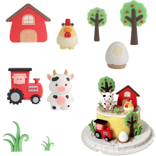 Animal Cake Decorations - Red Three-dimensional Farm Themed Birthday Decorations, Standing Farm Animal Cake Toppers, Big Farm Cake Decorations, Baby, Topper Tractor Cow Animals Barn Party