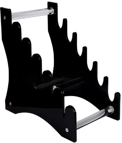 Messerständer mit 5 Fächern, Acryl, Klapp- und Sammelmesser, schwarzes Finish, Hochglanz, Metallstäbe, stabil, ideale Messer-Vitrinen und Sammlungen für