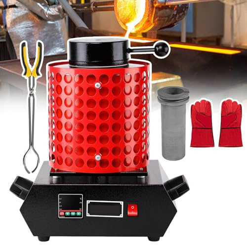 Horno Eléctrico Fundir Oro 2000 W,Máquina Fundición Metales Digital 2102 ℉,Pantalla Control Temperatura,Kit Fundición Metales con Crisol Grafito Chatarra Fundida,Plata(Red,3kg)