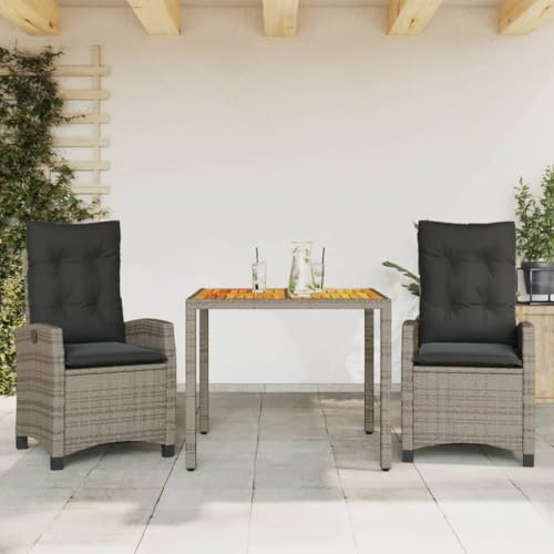 QJBSAVVA 3-TLG. Gartenmöbel Set Grau Poly Rattan Gartentisch 90x90x75 cm mit Verstellbarem Gartenstuhl & Akazienholzplatte Moderne Sitzgruppe Outdoor Balkon und Terrasse