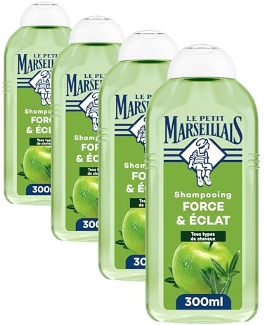 Le Petit Marseillais | Shampooing Force & Éclat Pomme & Olivier Bio (300 ml) – Shampoing sans silicone pour cheveux normaux – 98% d'origine naturelle pour une brillance optimale (Lot de 4)