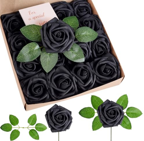 Sahoottie Black Roses Artificial Black Flowers Foam Roses whit Stems 16 Pcs | Real Touch Fake Faux Black Roses whit 6 Leaves Box for Gothic Wedding Halloween DIY for Party Home Gift Wrap Decorations