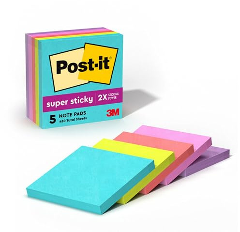 Post-it Super Sticky Notes, 5 Sticky Note Pads, 3 x 3 in., School Supplies, Office Products, 2X the Sticking Power, Supernova Neons Collection