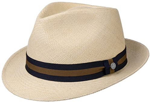Lierys Sombrero Panamá Sportive Trilby Mujer/Hombre - Made in Ecuador Fedora de Playa con Ribete Verano Primavera/Verano - XL (61-62 cm) Natural-Azul Oscuro