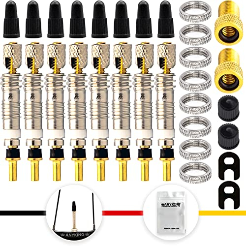 ANYKING 8X Französische Ventile Presta Sclaverand Fahrradventil Ersatz Set Premium: Ventileinsatz, Ventil-Schlüssel, Ventil-Schutz-Kappe, Auto-Ventil-Adapter SV AV Aufsatz Tubeless, Werkzeug Tool