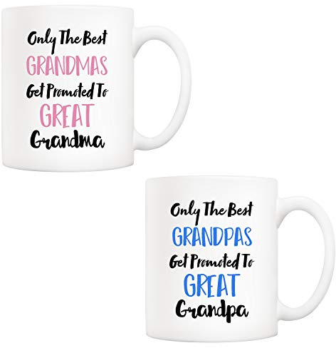 5Aup Mother's Day and Father's Day for Grandparents, Only The Best Grandads/Grandmas Get Promoted to Great Grandad/Grandma Coffee Mugs Set, Gifts from Grandson, Granddaughter, Grandkids 11 Oz